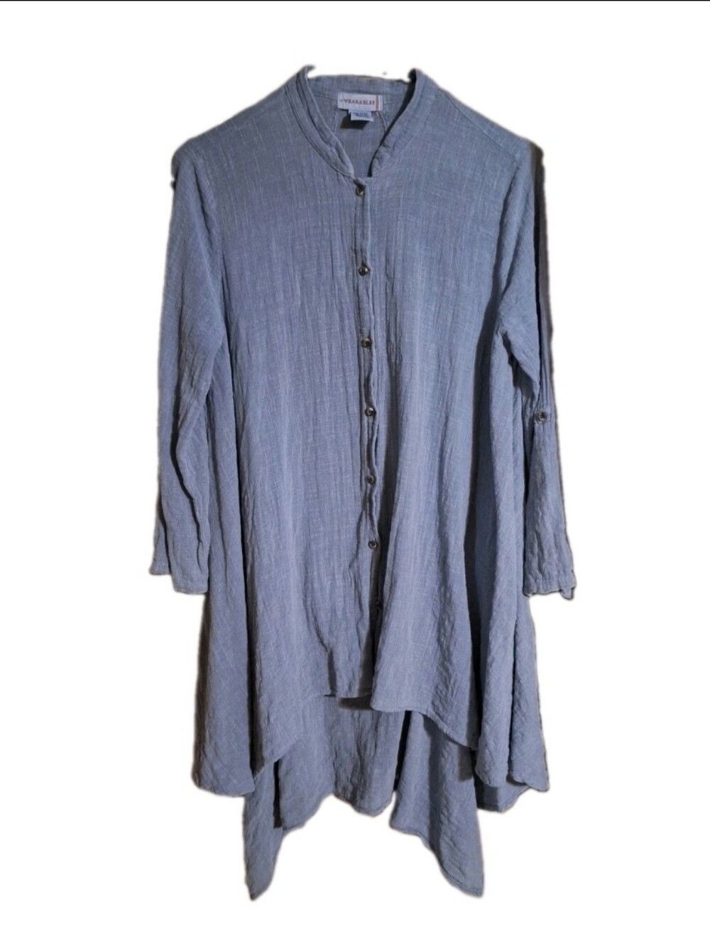XCVI Wearables M/L Cotton Oversized Lagenlook Boho Button Up Top Blue